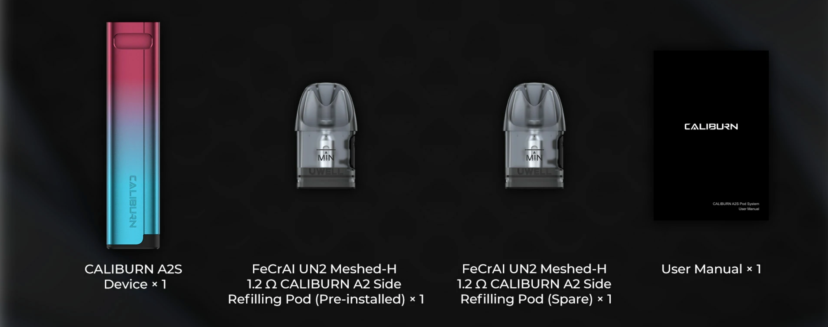 Uwell Caliburn A2S Pod Mod Kutu İçeriği: Cihaz, Yedek Kartuş ve Kullanım Kılavuzu